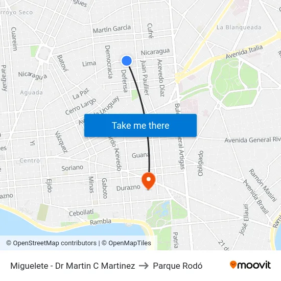 Miguelete - Dr Martin C Martinez to Parque Rodó map