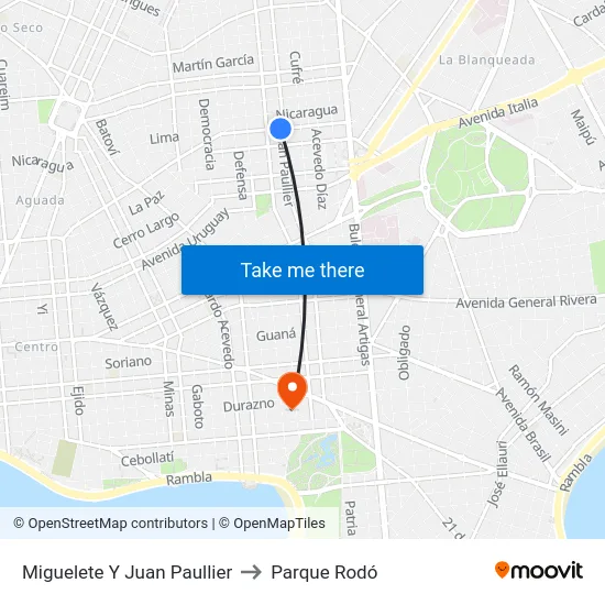 Miguelete Y Juan Paullier to Parque Rodó map