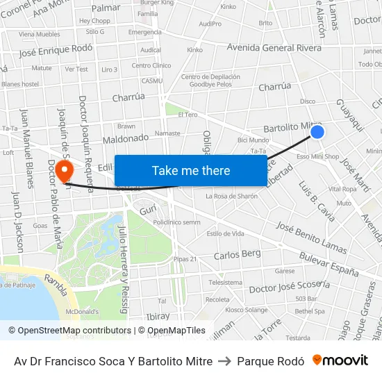 Av Dr Francisco Soca Y Bartolito Mitre to Parque Rodó map