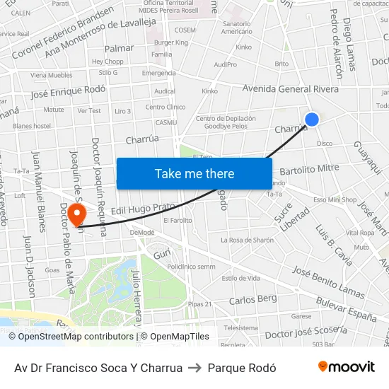 Av Dr Francisco Soca Y Charrua to Parque Rodó map