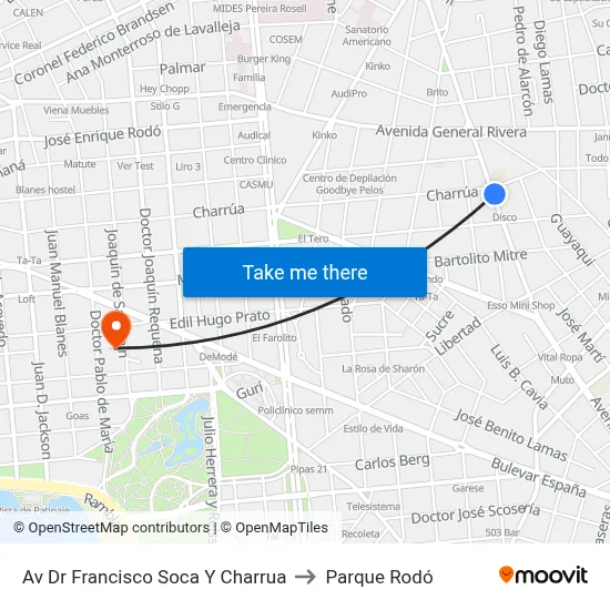 Av Dr Francisco Soca Y Charrua to Parque Rodó map