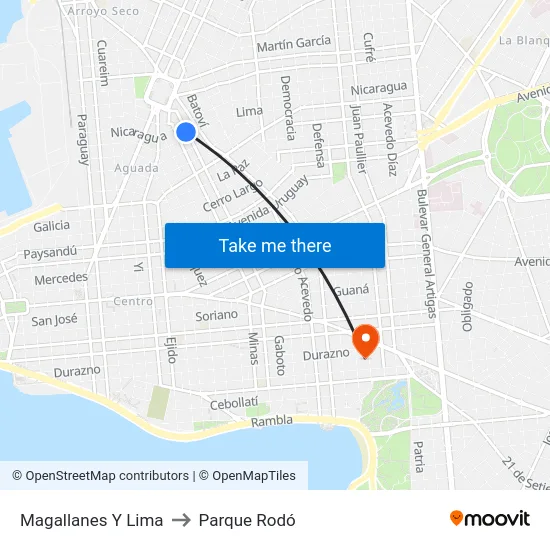 Magallanes Y Lima to Parque Rodó map
