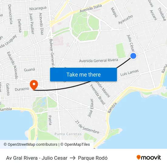 Av Gral Rivera - Julio Cesar to Parque Rodó map