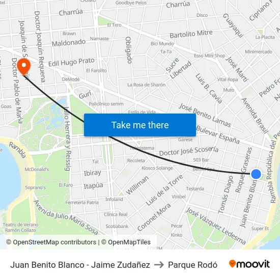 Juan Benito Blanco - Jaime Zudañez to Parque Rodó map