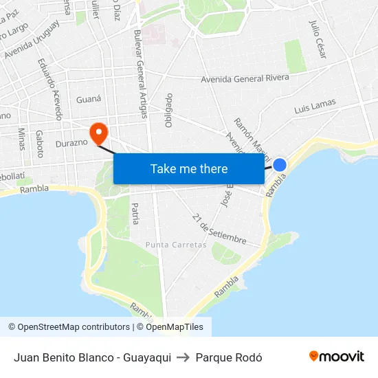 Juan Benito Blanco - Guayaqui to Parque Rodó map