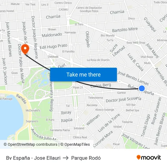 Bv España - Jose Ellauri to Parque Rodó map