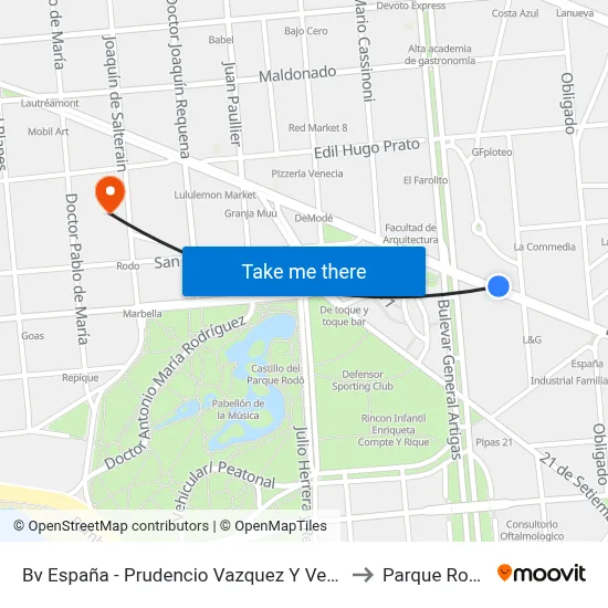 Bv España - Prudencio Vazquez Y Vega to Parque Rodó map