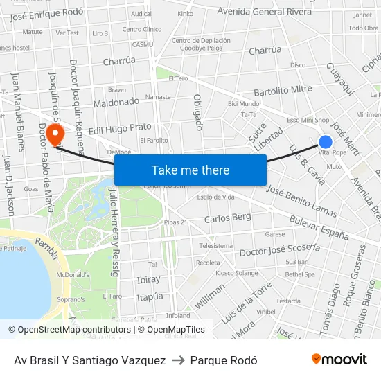 Av Brasil Y Santiago Vazquez to Parque Rodó map