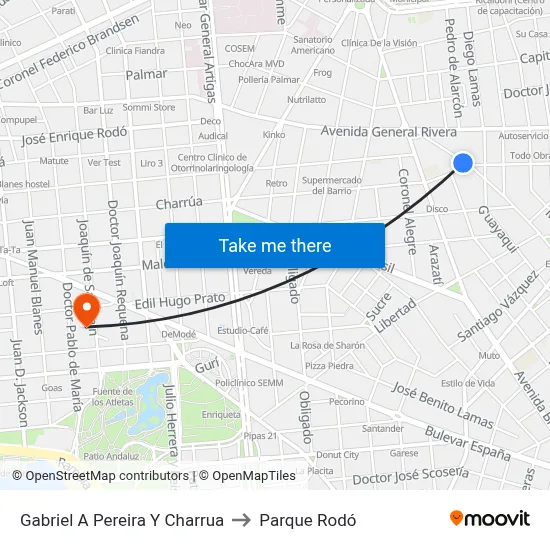 Gabriel A Pereira Y Charrua to Parque Rodó map