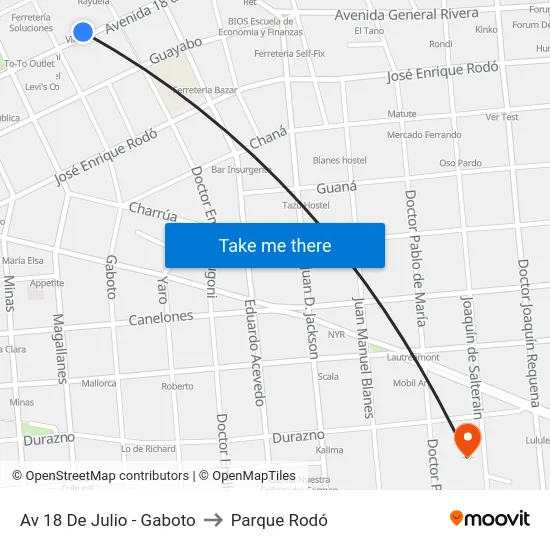 Av 18 De Julio - Gaboto to Parque Rodó map