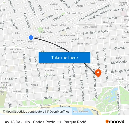 Av 18 De Julio - Carlos Roxlo to Parque Rodó map