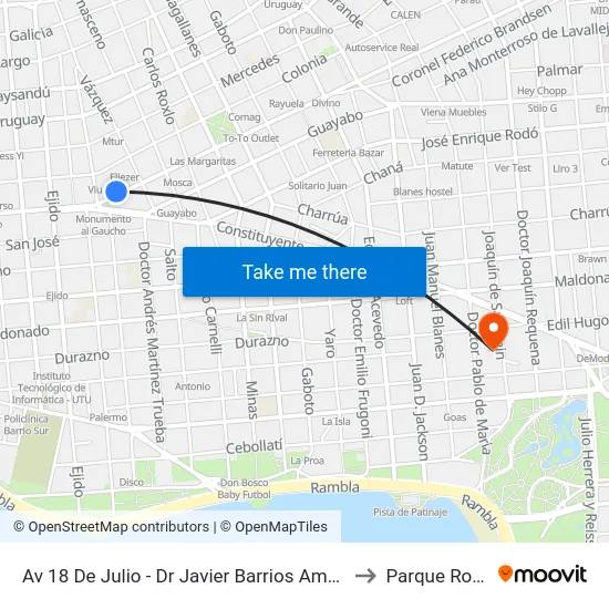 Av 18 De Julio - Dr Javier Barrios Amorin to Parque Rodó map