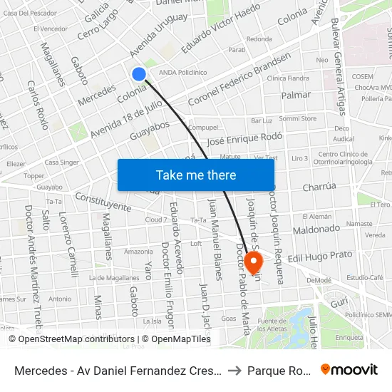 Mercedes - Av Daniel Fernandez Crespo to Parque Rodó map