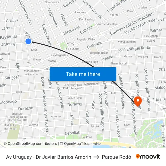 Av Uruguay - Dr Javier Barrios Amorin to Parque Rodó map