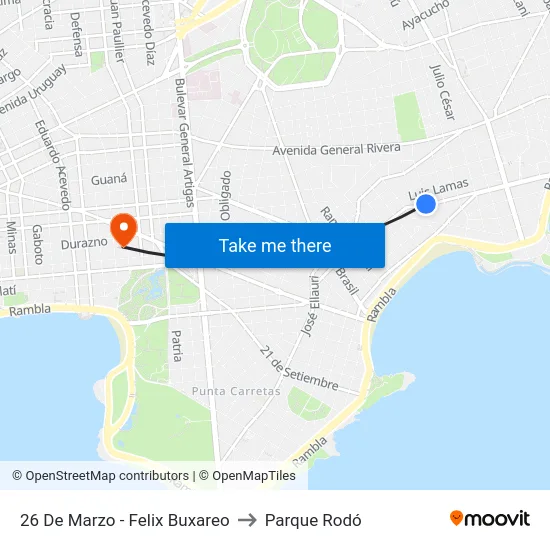26 De Marzo - Felix Buxareo to Parque Rodó map