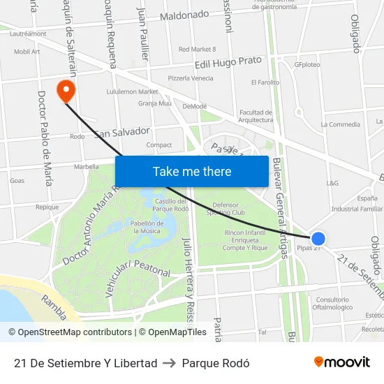 21 De Setiembre Y Libertad to Parque Rodó map