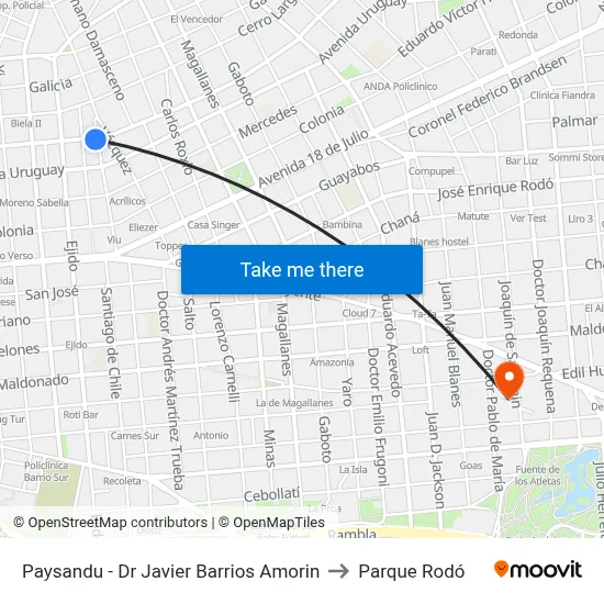 Paysandu - Dr Javier Barrios Amorin to Parque Rodó map