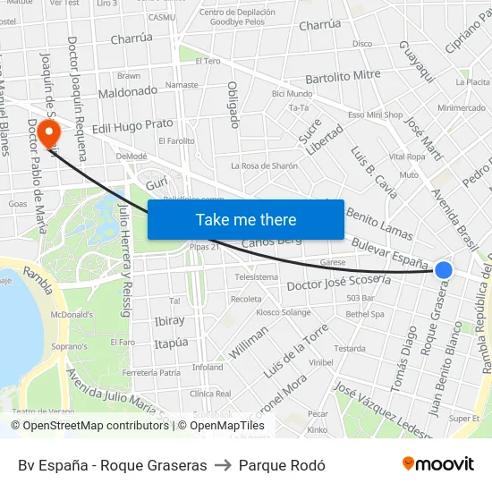Bv España - Roque Graseras to Parque Rodó map