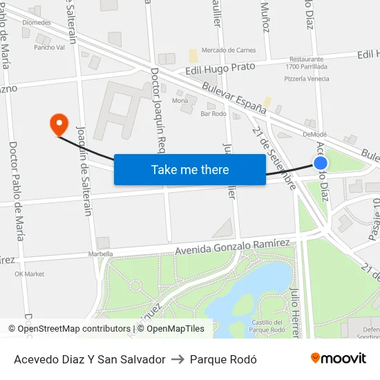 Acevedo Diaz Y San Salvador to Parque Rodó map