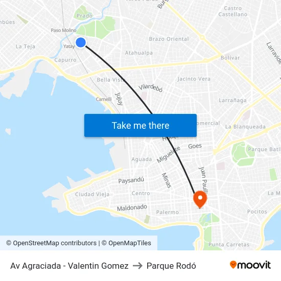 Av Agraciada - Valentin Gomez to Parque Rodó map