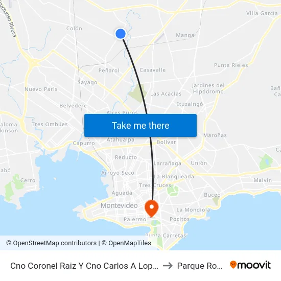 Cno Coronel Raiz Y Cno Carlos A Lopez to Parque Rodó map