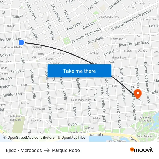 Ejido - Mercedes to Parque Rodó map