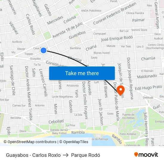 Guayabos - Carlos Roxlo to Parque Rodó map