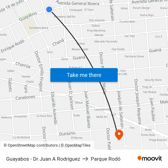 Guayabos - Dr Juan A Rodriguez to Parque Rodó map