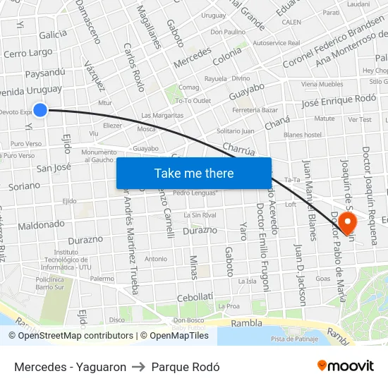 Mercedes - Yaguaron to Parque Rodó map