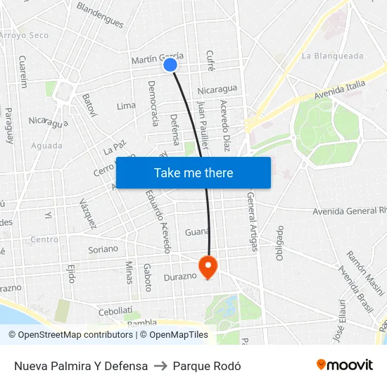 Nueva Palmira Y Defensa to Parque Rodó map
