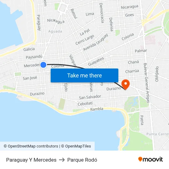 Paraguay Y Mercedes to Parque Rodó map