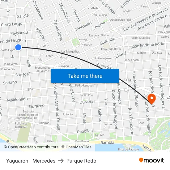 Yaguaron - Mercedes to Parque Rodó map