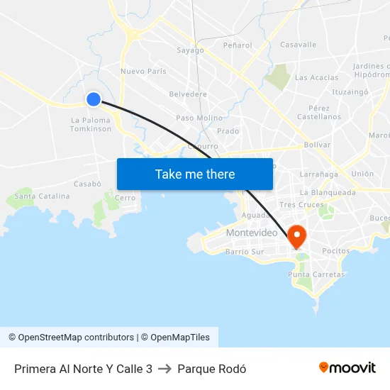 Primera Al Norte Y Calle 3 to Parque Rodó map