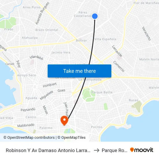 Robinson Y Av Damaso Antonio Larrañaga to Parque Rodó map
