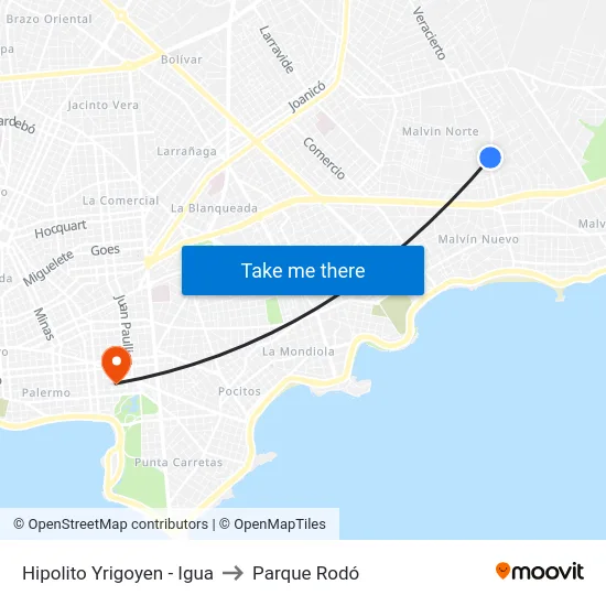 Hipolito Yrigoyen - Igua to Parque Rodó map