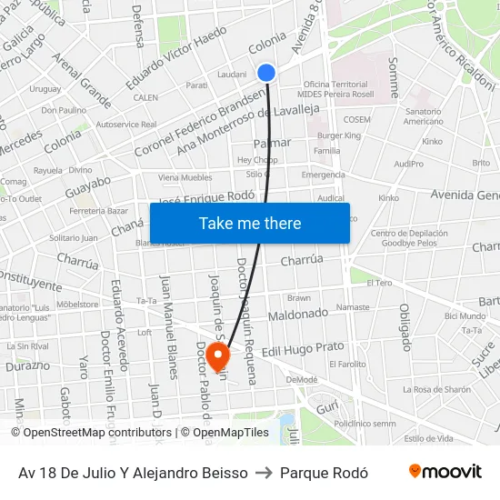 Av 18 De Julio Y Alejandro Beisso to Parque Rodó map