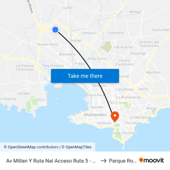 Av Millan Y Ruta Nal Acceso Ruta 5 - Millan to Parque Rodó map
