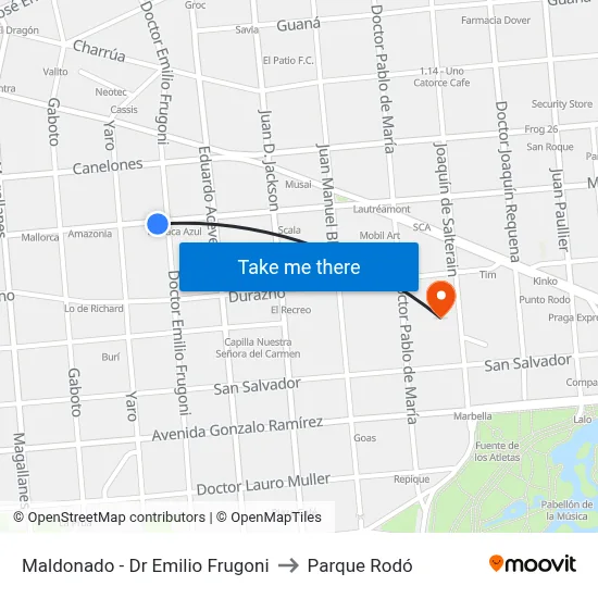 Maldonado - Dr Emilio Frugoni to Parque Rodó map
