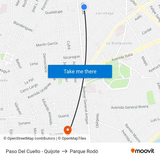 Paso Del Cuello - Quijote to Parque Rodó map