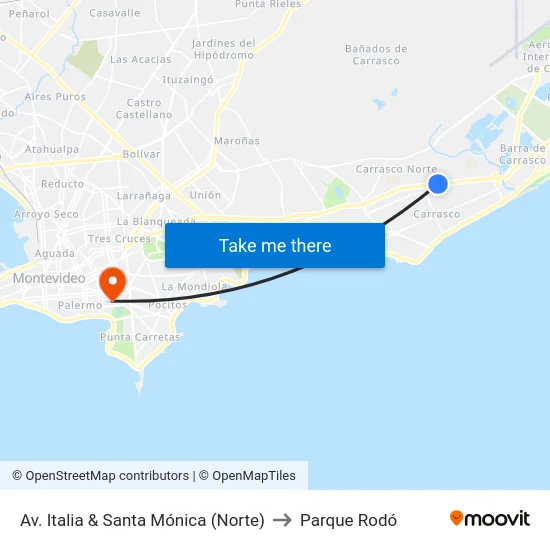 Av. Italia & Santa Mónica (Norte) to Parque Rodó map