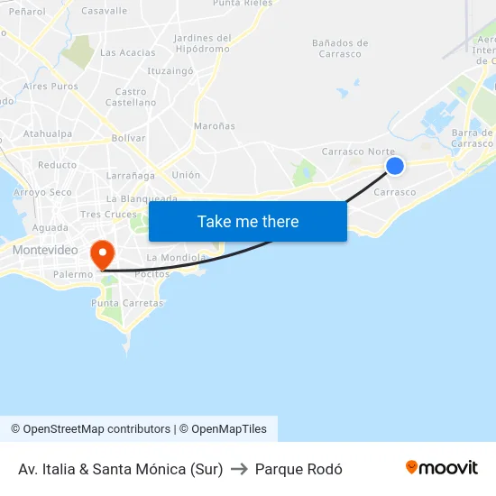 Av. Italia & Santa Mónica (Sur) to Parque Rodó map