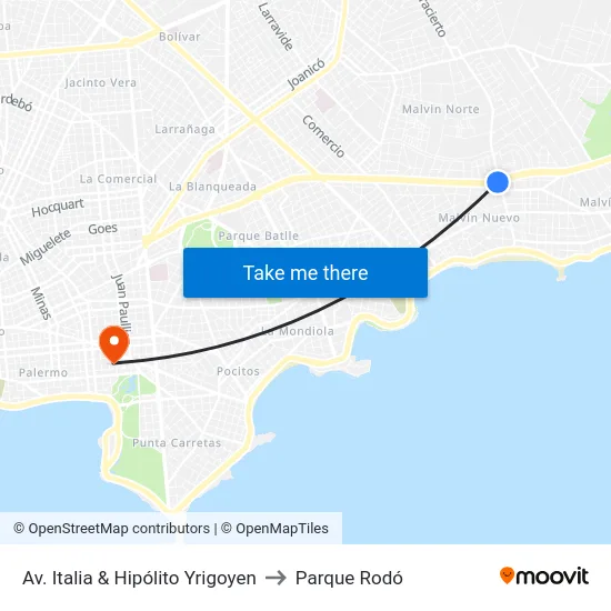 Av. Italia & Hipólito Yrigoyen to Parque Rodó map