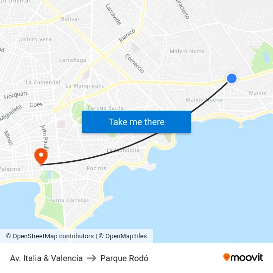Av. Italia & Valencia to Parque Rodó map