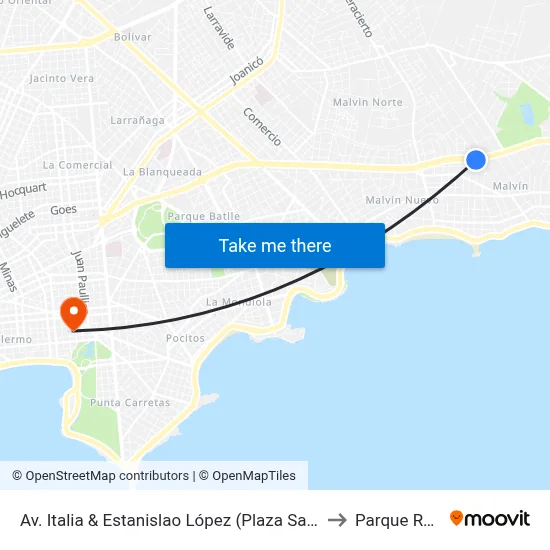 Av. Italia & Estanislao López (Plaza Sandino) to Parque Rodó map