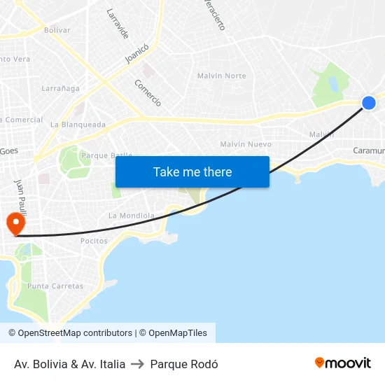 Av. Bolivia & Av. Italia to Parque Rodó map