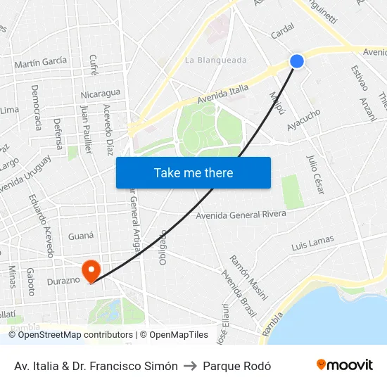 Av. Italia & Dr. Francisco Simón to Parque Rodó map
