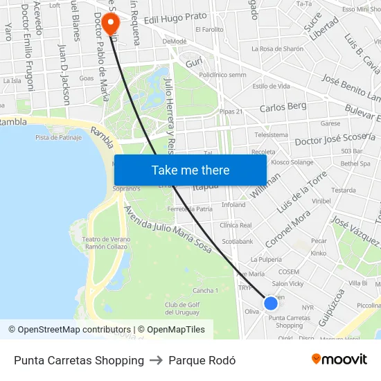 Punta Carretas Shopping to Parque Rodó map