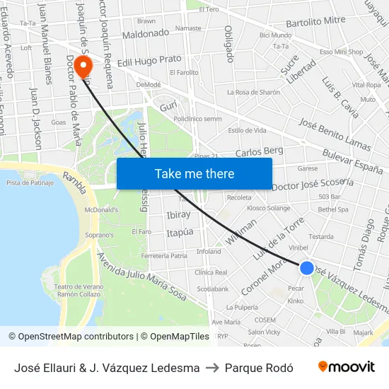 José Ellauri & J. Vázquez Ledesma to Parque Rodó map