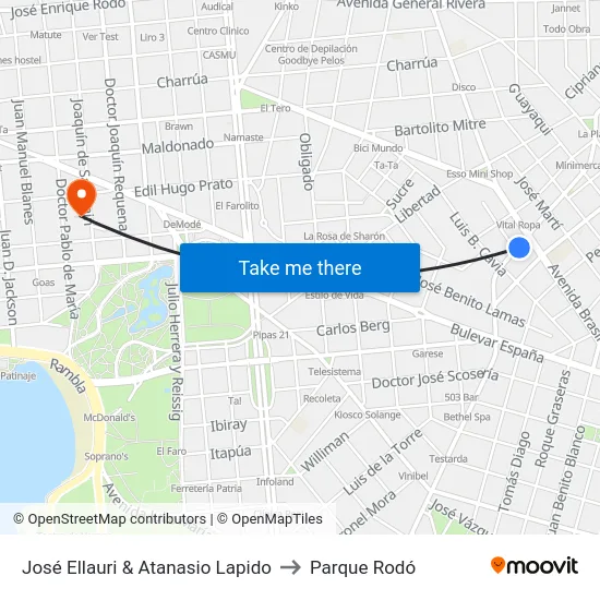 José Ellauri & Atanasio Lapido to Parque Rodó map