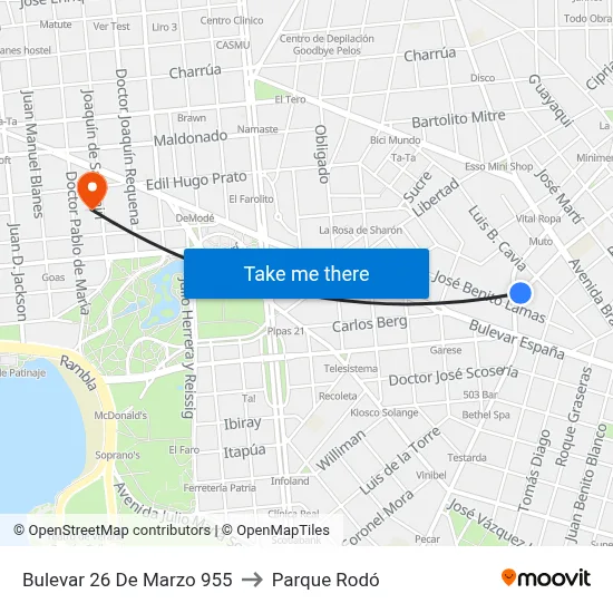 Bulevar 26 De Marzo 955 to Parque Rodó map